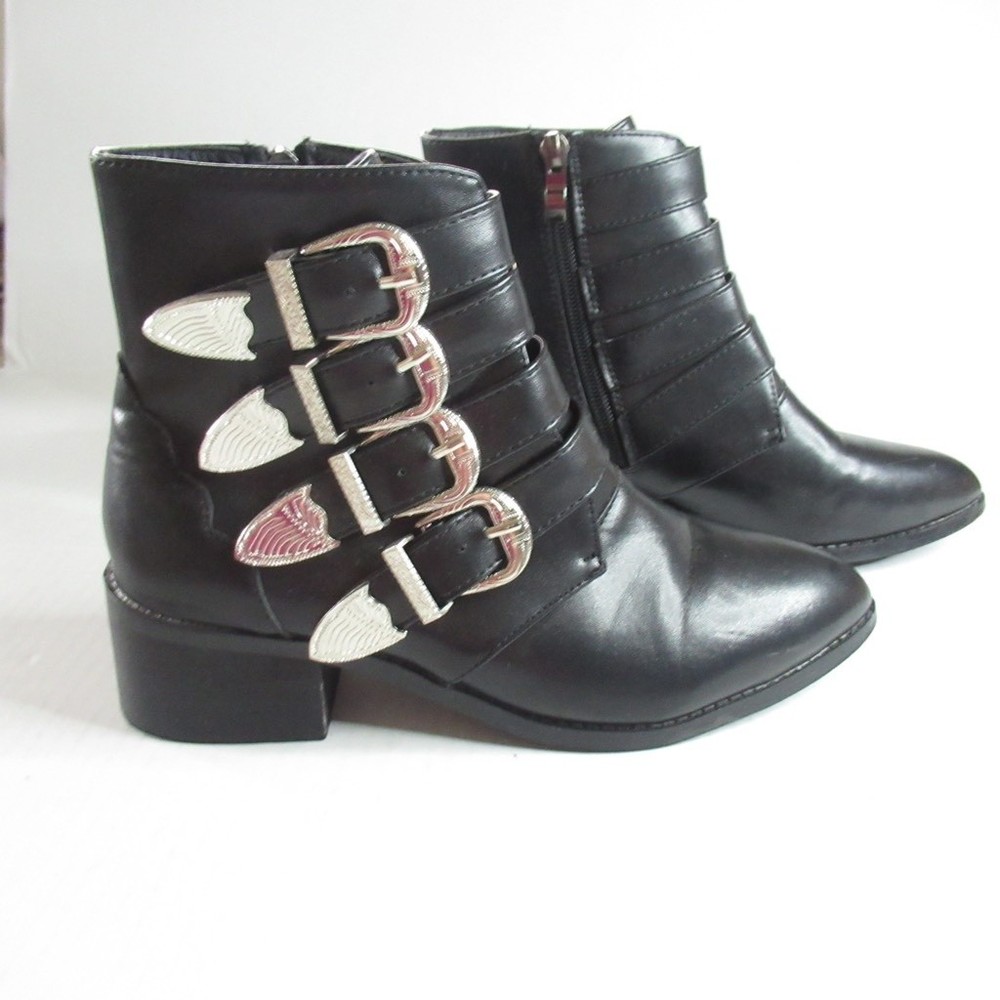 Women's Ankle Boots Black Buckle Pointed Toe Block Heel Zip 7